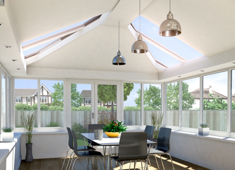 Explore the Livinroof hybrid conservatory, blending glazed panels and solid sections for thermal efficiency and abundant natural light in a stylish interior space.